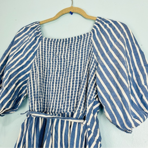 Old Navy Women M Stripe Blue White Midi Wrap Dress Modest Elbow Sleeves Nautical - Picture 7 of 11